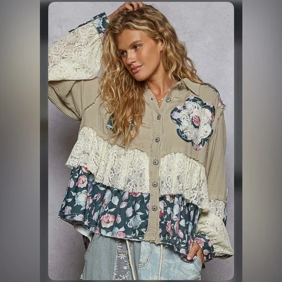 POL grey gauze crochet lace stitched flower floral cotton button jacket coat - Picture 3 of 7